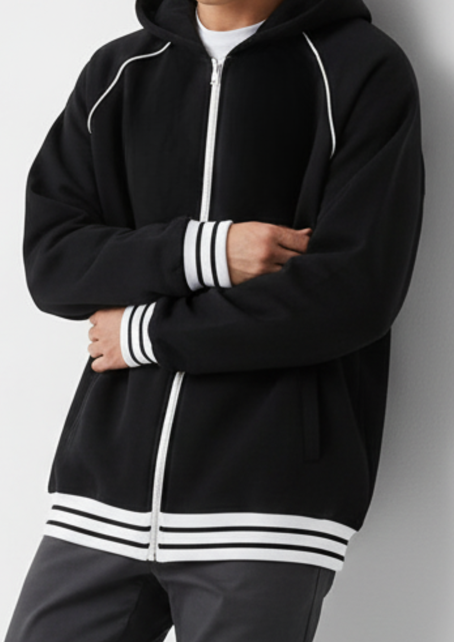 Striped Trim Zip-Up Hoodie