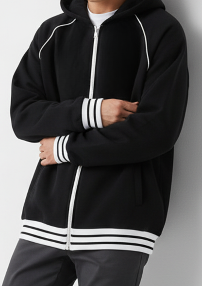 Striped Trim Zip-Up Hoodie
