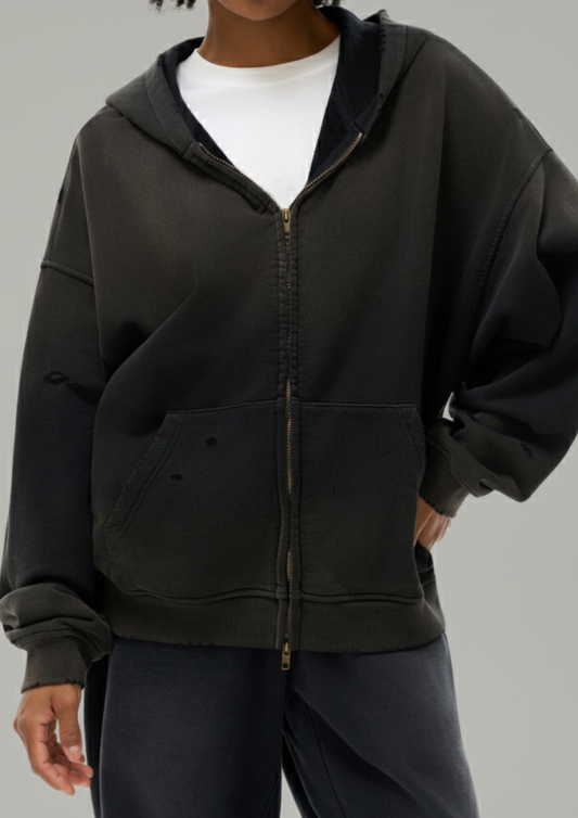 Hand-Frayed Sunfade Zip Hoodie