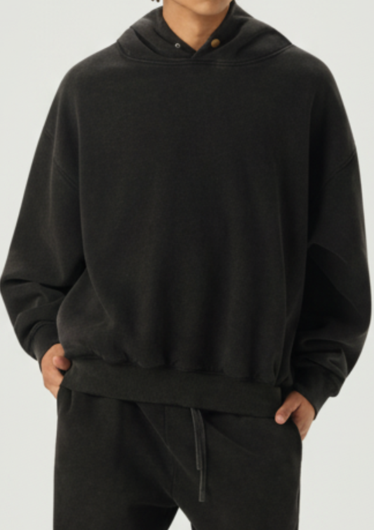 Plain Frayed Enzyme Washed Fleece Hoodie